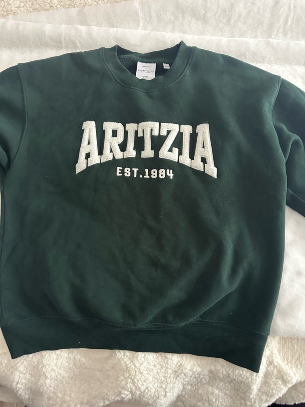 Aritzia women’s Dark Green Crewneck Sweatshirt with White Chenille Logo